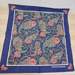 80s Bandana Scarf Women Blue Floral Paisley Square Neckerchief Western USA 21x21